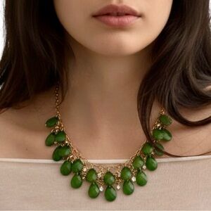 Emerald Green Teardrop Beaded Statement Necklace with Rhinestone Accents